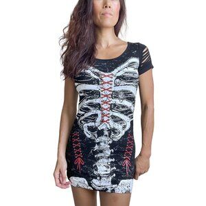Gothic Skeleton Ribcage Corset Top for Women – Spine Cutout, Slashed Sleeves,